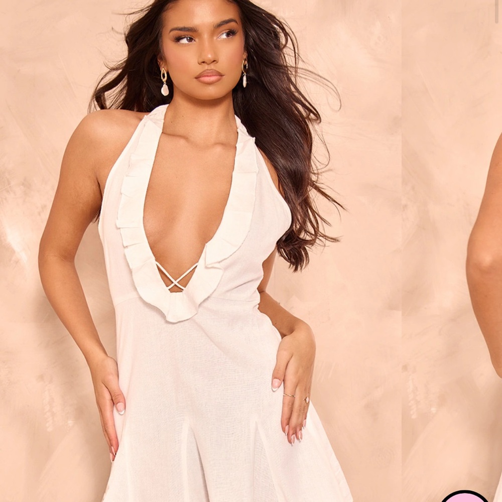 White Linen Frill Neck Cross Front Mini Dress